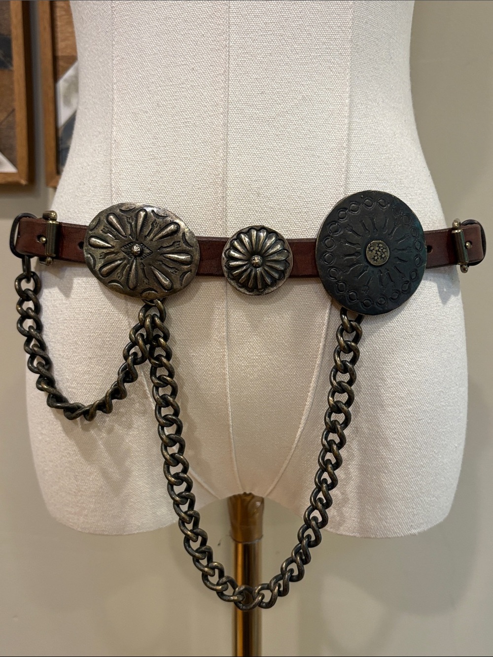 Ralph Lauren Collection Brown Leather Double Buckle Concho Chain Belt size Small - Picture 2 of 16